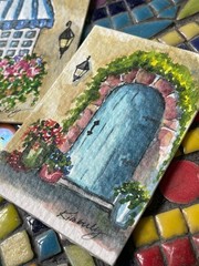 ACEO Original Blue Front Door, Cottage, Flowers, Watercolor by Kimberly Tyson