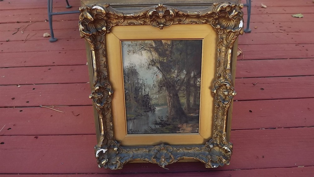 Antique Original Oil Painting Trees On The River LANDSCAPE Wood & Plaster Frame