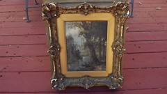 Antique Original Oil Painting Trees On The River LANDSCAPE Wood & Plaster Frame
