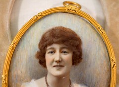 Miniature Lady Portrait Painting in Gilded Frame & Trifold Leather Display Case