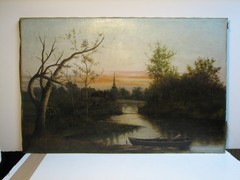 Large and Old Oil Painting on Canvas – Sunrise Stream Scape & Church Spire