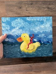 Painting On Wood- Devil On Rubber Duck- Abstract Surrealist Gothic Horror