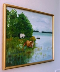 Vintage Acrylic Painting Landscape Cows Water 17”x 21” W / Frame 🌲💧🐮