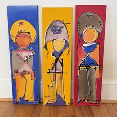 Brazilian Folk Hero Lampiao Cangaco Acrylic Painting VTG Wall Art Set 3 Signed