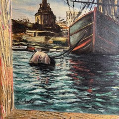 Handcrafted Harbor Scene Oil Painting „Docked Gondola“ Original Art