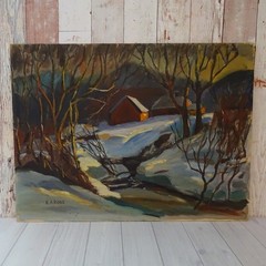 Mid Century Impressionism Winter Landscape Oil Painting House Barn Stream 24×18
