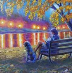 Original Acrylic Landscape Painting Lake Impressionist Woman Dog Wall Art Decor
