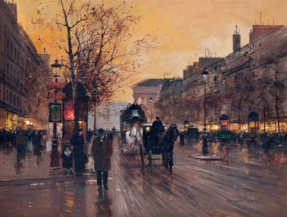 Sunset Boulevard Madeleine, Paris Painting by Edouard Leon Cortes Reproduction