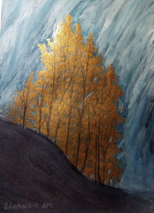 Original watercolor paINTING Waterfall and golden trees landscAPEGIFT11,5X7,7IN
