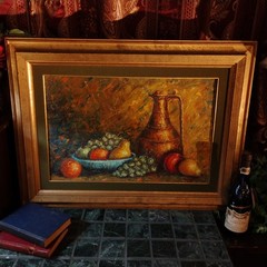 Large Vintage Oil Painting Gold Wood Frame Green Velvet Mat Still Life 42×24 Art