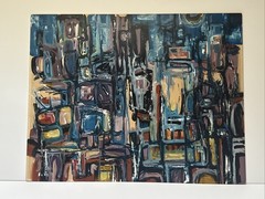 MID CENTURY ABSTRACT PAINTING EXPRESSIONISM CUBISM MODERNISM HAL AKINS SIGNED