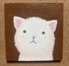 Original White Cat Acrylic Painting on MDF Panel Mini Cute Animal Art 10x10cm
