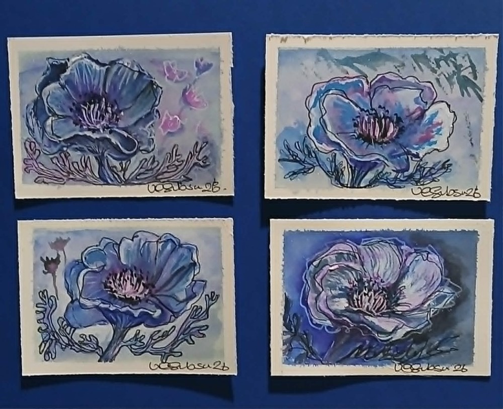 ACEO OOAK 4‑Piece Blue Poppy Set– Translucent & Granulating Watercolor + Pen Ink