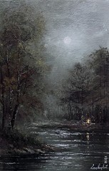 Original Forest River Oil Painting Night Landscape with Campfire Moody Moonlit