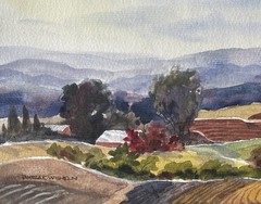 8”x11” Original Pamela Wilhelm Folk Style Patchwork Farm Pastoral Watercolor