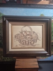 Mid Century 15×19 Vintage Framed Theorem Painting Fruit Basket Neutral Colors…