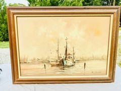 VINTAGE L Sallas Oil Painting 36×24” Famed Ship Fishing Boat Ocean Nautical