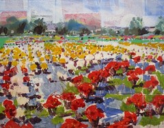 Larry Lerew OOAK contemporary original landscape signed mums floral painting COA