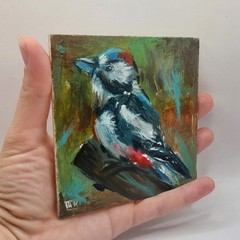 Woodpecker Original Oil Painting Bird Framed Miniature Wall Art 4×4 inch