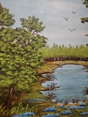 Original oil painting Vibrant!!! Blue Flowers Pond Forest Landscape SIGNED