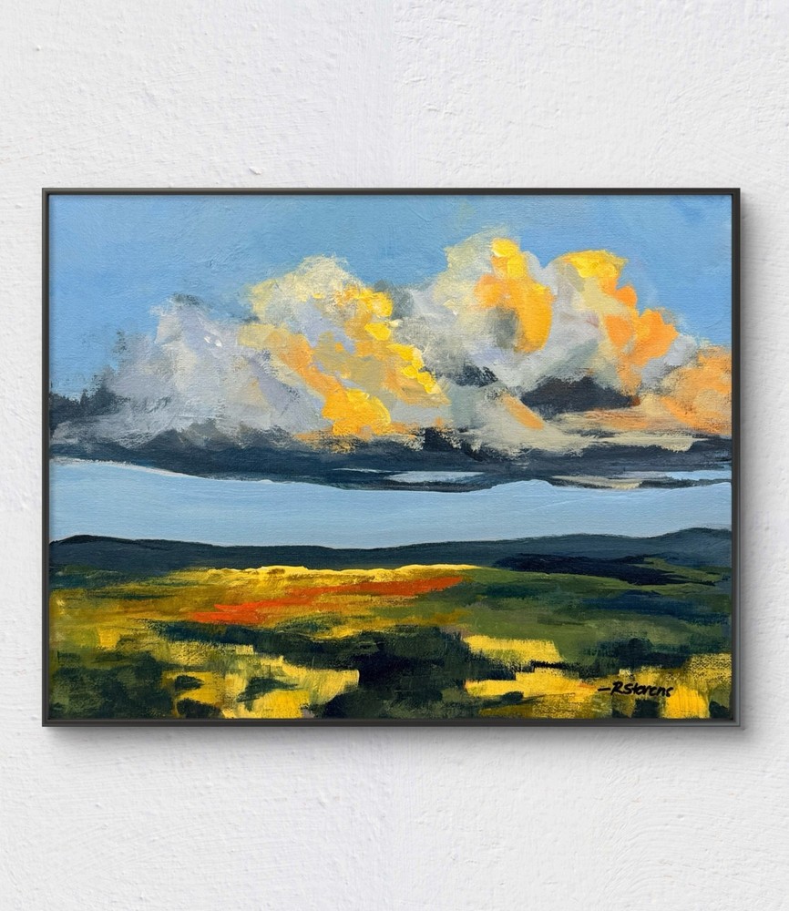 Original Acrylic Painting R Stevens Impressionist Landscape Dramatic Sky Fields
