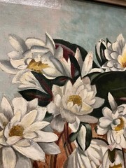Victorian Aesthetic Water Lily Floral Still Life Oil Painting Gilt Gesso Frame