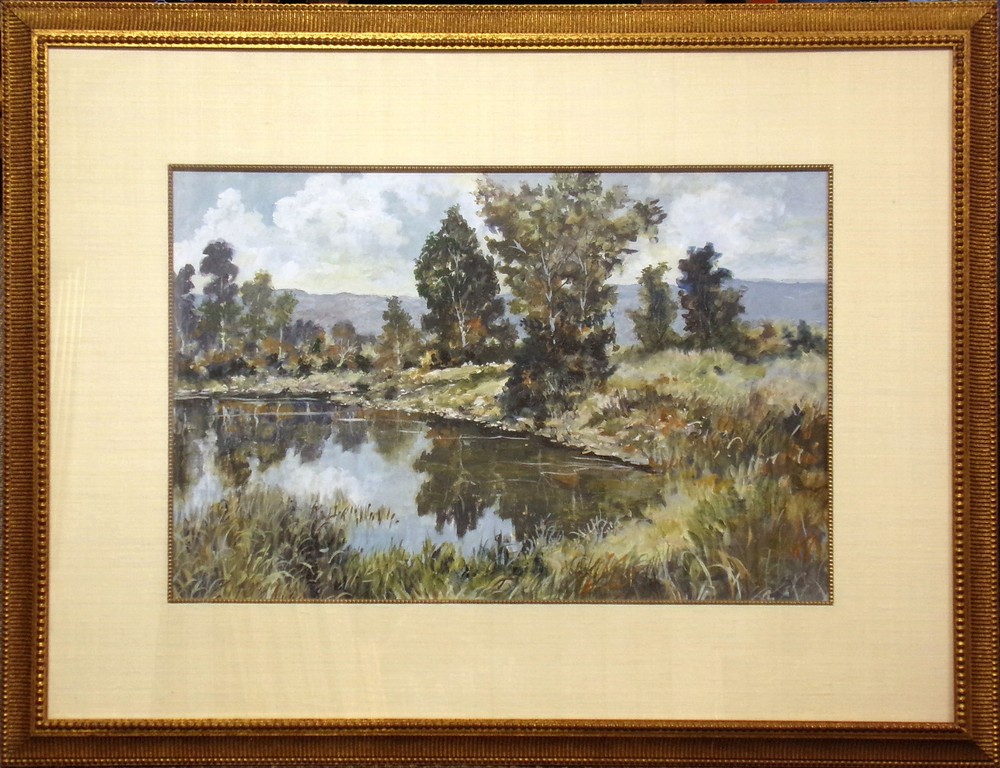 Trager Landscape Framed Original Goauche Painting of lake and trees, Make Offer
