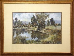 Trager Landscape Framed Original Goauche Painting of lake and trees, Make Offer