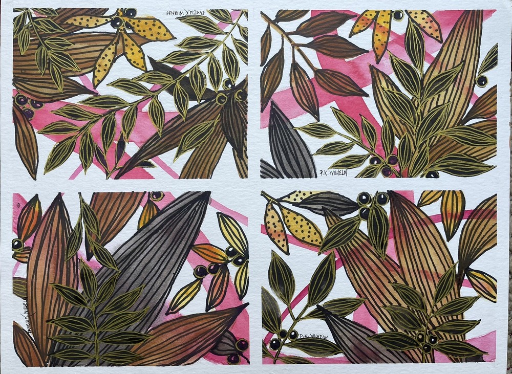 ORIGINAL 9”X12″ PAMELA WILHELM Watercolor Ink Tropical Whimsical Foursome