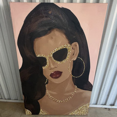 Hand-Painted Contemporary Woman Portrait Painting, Unframed, Sunglasses & Hoops