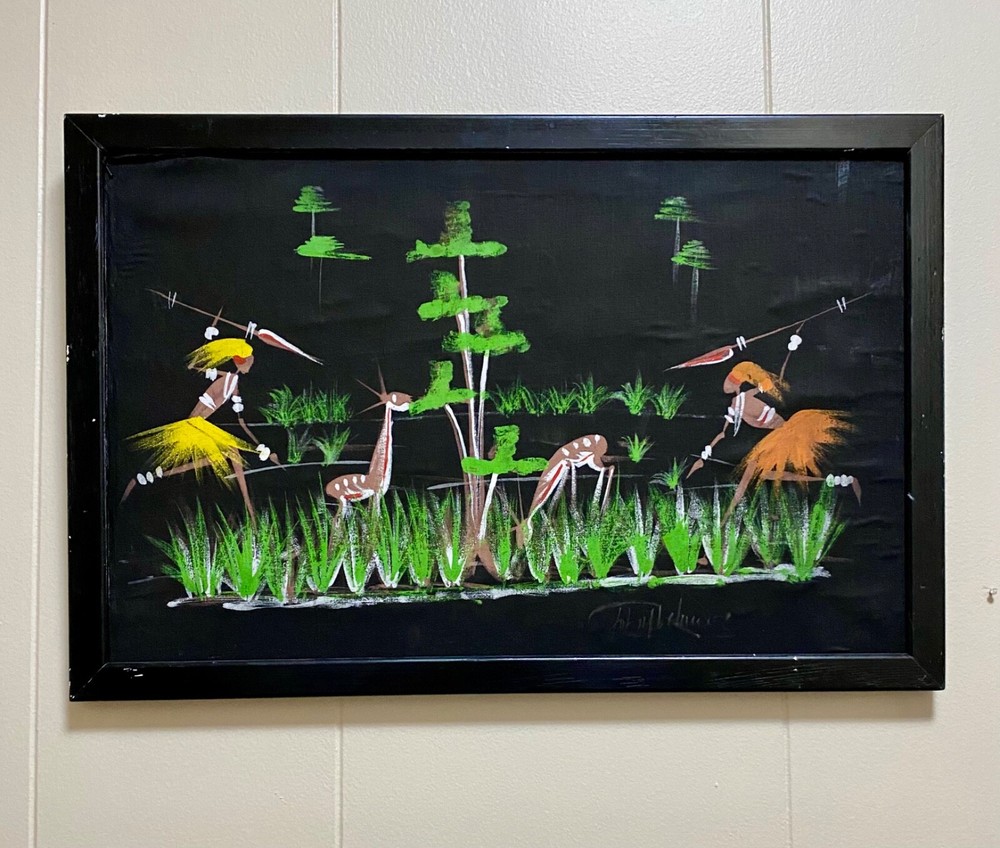 Vintage African Tribal Folk Art Painting on Fabric Signed & Framed MCM 11″x17″
