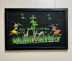 Vintage African Tribal Folk Art Painting on Fabric Signed & Framed MCM 11″x17″