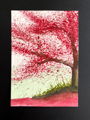 ACEO Original, Abstract Red Tree, Mini Art Painting by Annibbie