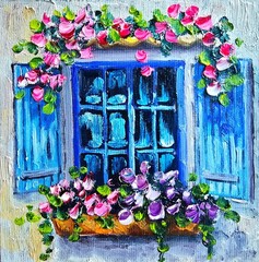 Blue Window Floral Oil Painting 16x16cm Vintage Painting on Canvas Fabric
