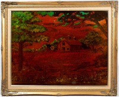 Beautiful Vintage Oil Painting Farm Barn Landscape Unique Glossy Medium Signed