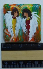Sister Angels on Ceramic Tile Magnet Pour Paint Art by Rain Crow