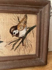Art Paintings On Glass of 2 Birds/Sparrows Wooden Framed Over Burlap Backing