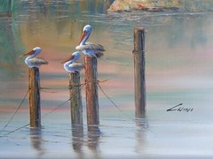 HUGE BEHIND SOFA SIZE Vintage Oil Painting Fishing Boats Birds Gloucester Harbor