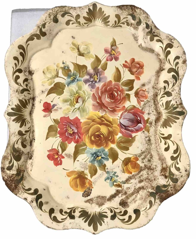 Vintage Handpainted Large Cream Tea Tray Flowers Rusty Folk Art Tole Cottagecore