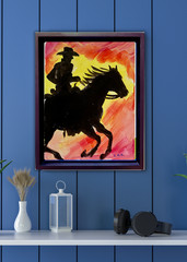 Original Acrylic Cowboy Riding Galloping Horse Silhouette 9×12″ Signed CanvasArt