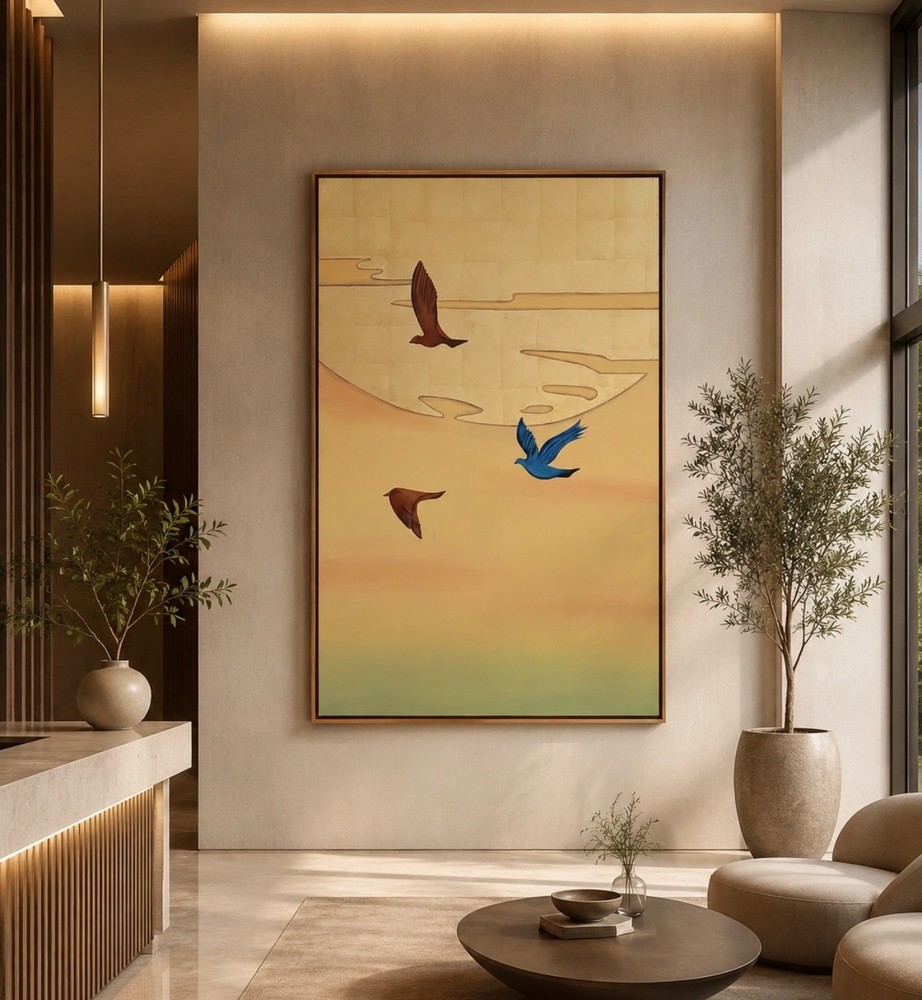 Original Birds in Flight Canvas Painting 48×72 Gold Leaf Acrylic Framed Wall