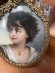 19th C Miniature Enamel Painting Portrait Neapolitan Gypsy Fisher Boy Brass