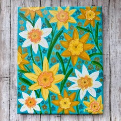 Teal Spring Daffodils Original Acrylic Painting On Canvas 8×10 inches