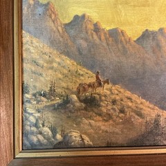 Antique Cowboy Western Mountain Scene Original Oil On Canvas Board Painting