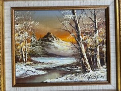 Gold Framed G WHITMAN ORIGINAL OIL on Canvas Painting Nature Snowy Forest River