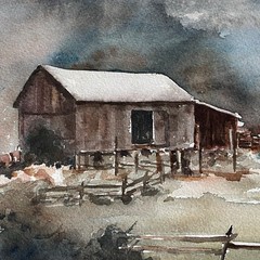 Original Watercolor Painting Signed Autumn Barn Farmhouse Fran Ritchie Yost