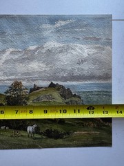 Vintage 19th Century Watercolor Landscape Scenic Painting Cows Meadow Rocky 13×9