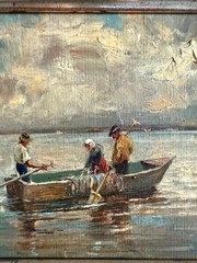 Oil painting by Erwin Kettemann 1897 – 1974 Chiemseefischer 22×17 cm with frame