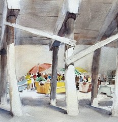 Vintage DORY FISHING FLEET MARKET NEWPORT, CaLiFoRnia 1960s Regionalist Painting