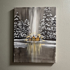 Canvas Painting “Winter Cabin” Forest Landscape Acrylic Painting 12x16in Nature